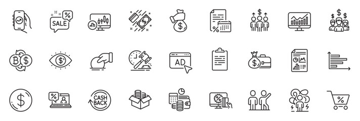 Icons pack as Salary employees, Online loan and Report document line icons for app include Calendar tax, Bribe, Payment outline thin icon web set. Business vision, Bitcoin exchange. Vector
