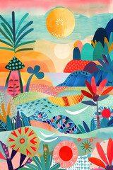 Fototapeta na wymiar Abstract art summer tropical landscape colorful background. Ai generated