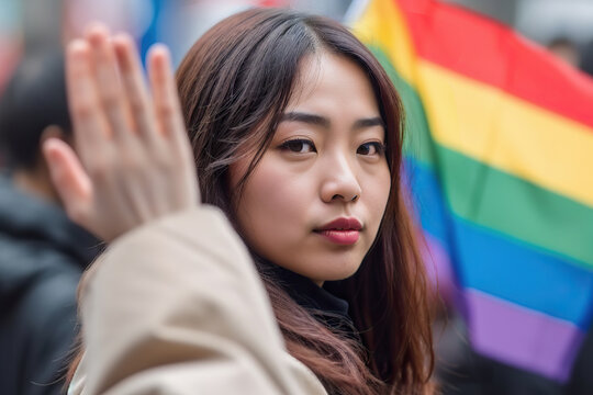 A Oriental Woman Holding A Rainbow Flag In Her Hand Created With Generative AI Technology