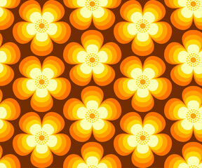 Retro floral, Mid Century modern flowers in orange, yellow, brown colors, 1970s mod style, seamless vector pattern