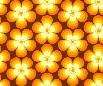 Retro floral, Mid Century modern flowers in orange, yellow, brown colors, 1970s mod style, seamless vector pattern