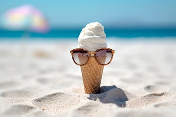 Icecream cone on the beach, in the sand, with sunglasses, sassy girl, sassy woman