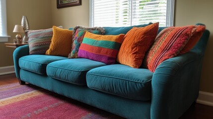 Comfortable sofa with vibrant accent pillows. AI generated