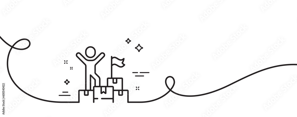 Poster delivery man line icon. continuous one line with curl. courier with packages sign. things deliver sy