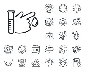 Medical analyzes sign. Online doctor, patient and medicine outline icons. Blood donation line icon. Pharmacy medication symbol. Blood donation line sign. Vector