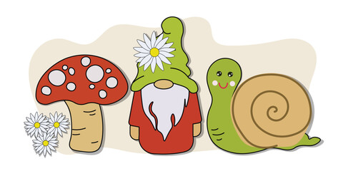 Summer gnomes mushroon illustration