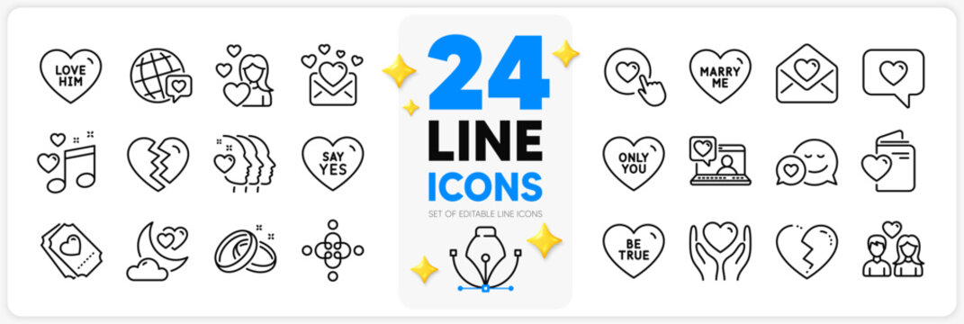 Icons set of Dating, Say yes and Friends couple line icons pack for app with World brand, Love, Friends chat thin outline icon. Hold heart, Like button, Love him pictogram. Wedding rings. Vector