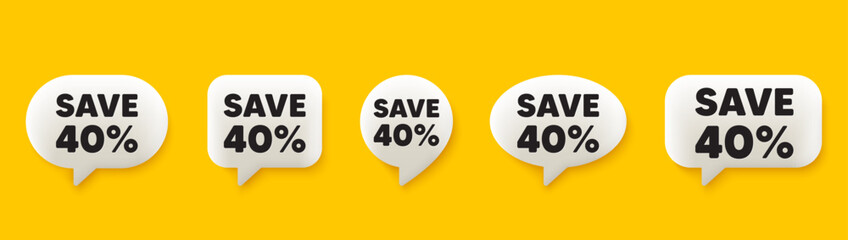 Save 40 percent off tag. 3d chat speech bubbles set. Sale Discount offer price sign. Special offer symbol. Discount talk speech message. Talk box infographics. Vector