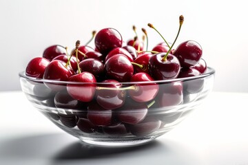 Ripe appetizing cherries in a large transparent glass bowl on a white table made with generative AI