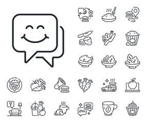 Fototapeta premium Happy emoticon chat sign. Crepe, sweet popcorn and salad outline icons. Smile face line icon. Speech bubble symbol. Smile face line sign. Pasta spaghetti, fresh juice icon. Supply chain. Vector