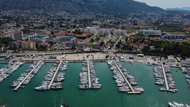 4K Aerial View city Denia At Costa Blanca Spain 25 april 2023