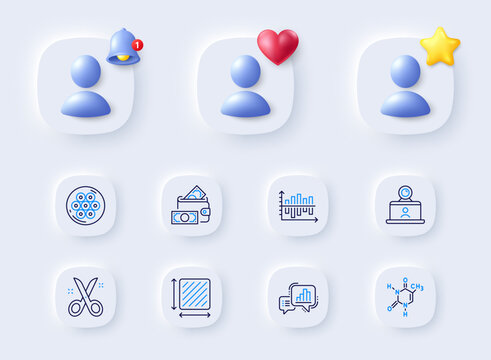Cable section, Chemical formula and Video conference line icons. Placeholder with 3d bell, star, heart. Pack of Scissors, Diagram chart, Money wallet icon. Square area, Graph chart pictogram. Vector