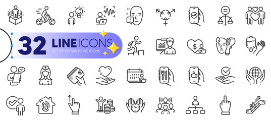Outline set of Face attention, Hospital nurse and Group people line icons for web with Fingerprint access, Leader run, Augmented reality thin icon. Like app, Voice wave. Vector