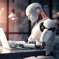 robot working with a laptop in the office. Chatbot with artificial intelligence GPT. Generative AI