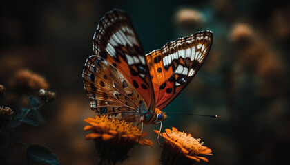 Fototapeta na wymiar Graceful butterfly pollinates vibrant spotted flower outdoors generated by AI
