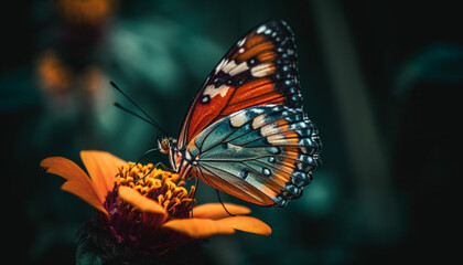 Vibrant butterfly pollinates yellow flower in nature generated by AI