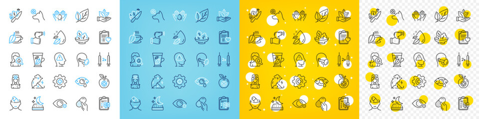 Vector icons set of Water drop, Mattress and Moisturizing cream line icons pack for web with Mint tea, Medical mask, Patient history outline icon. Conjunctivitis eye, Eye checklist. Vector