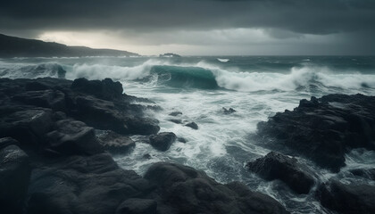 Fototapeta premium Breaking waves crash against rocky coastline at dusk generated by AI