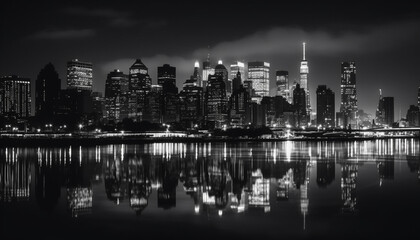 Fototapeta na wymiar Illuminated skyscrapers reflect on dark waterfront water generated by AI