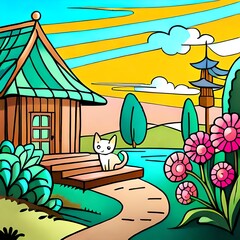 Cartoon style cat in the woods