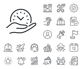 Clock sign. Salaryman, gender equality and alert bell outline icons. Safe time line icon. Office management symbol. Safe time line sign. Spy or profile placeholder icon. Online support, strike. Vector