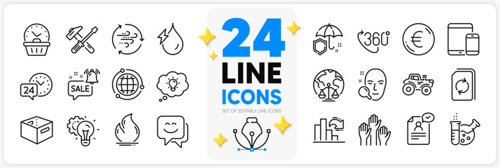 Icons set of Hydroelectricity, Face search and Smile face line icons pack for app with Last minute, Voting hands, Tractor thin outline icon. Office box, Hammer tool, Globe pictogram. Vector