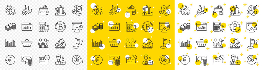 Outline Card, Coins banknote and Calculator alarm line icons pack for web with Dollar exchange, Bitcoin, Exchange currency line icon. Bar diagram, Fuel price, Money pictogram icon. Vector