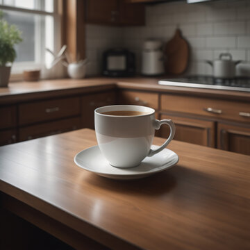 Cup of coffee on kitchen table. Generative AI