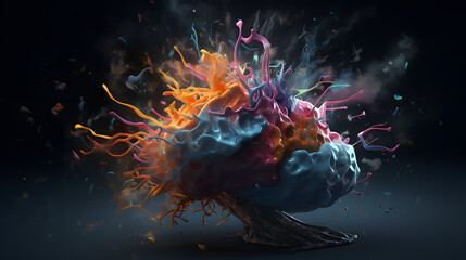 Concept art of a human brain exploding with knowledge, creativity and electricity