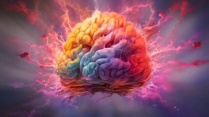 Concept art of a human brain exploding with knowledge, creativity and electricity