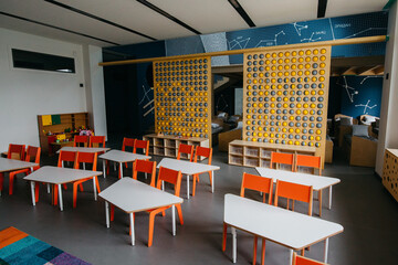 Empty classroom of daycare center without children and teacher. Education concept