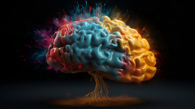 Concept art of a human brain exploding with knowledge, creativity and electricity