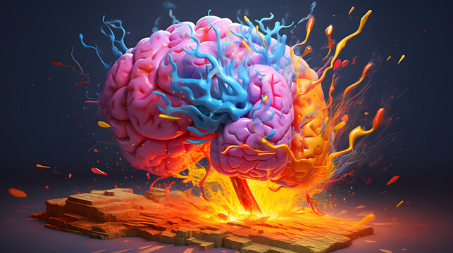 Concept art of a human brain exploding with knowledge, creativity and electricity