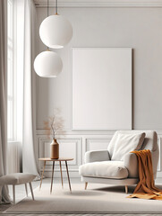 White armchair and poster on the wall. Interior design of modern neoclassical living room. Created with generative AI