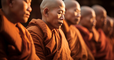 Buddhist monks meditate to calm the mind. The brain will refresh the secretion of Indoine. Make happy, buddhist monk in meditation pose over black background - obrazy, fototapety, plakaty