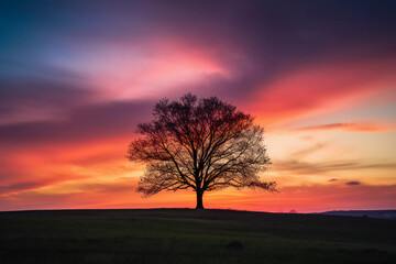 Fototapeta na wymiar Solitary Beauty: Silhouette of a Tree Embracing the Sunset