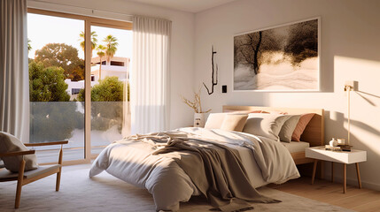 Bedroom features a plush bed with textured layers of pillows and bedding, and warm ambient...