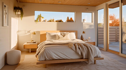 Bedroom features a plush bed with textured layers of pillows and bedding, and warm ambient lighting, all set against a backdrop of minimalist architecture, Created with generative Ai Technology.
