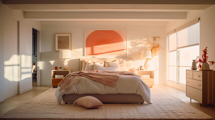 Bedroom features a plush bed with textured layers of pillows and bedding, and warm ambient lighting, all set against a backdrop of minimalist architecture, Created with generative Ai Technology.