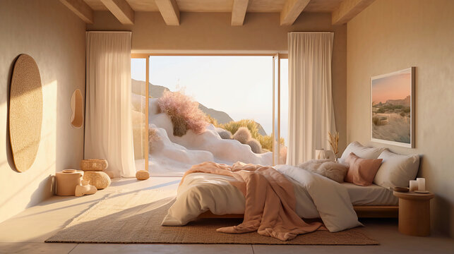 Bedroom features a plush bed with textured layers of pillows and bedding, and warm ambient lighting, all set against a backdrop of minimalist architecture, Created with generative Ai Technology.
