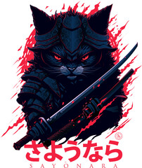 Cat samurai with katana poster, sayonara, cute and fierce