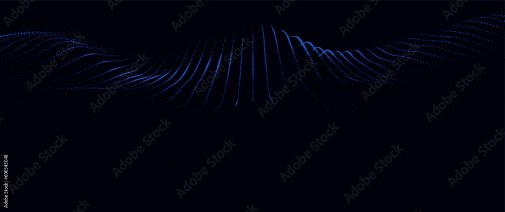 Poster wave of particles. futuristic dots pattern on dark background. big data digital code. technology or 