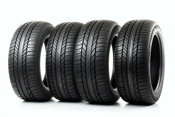 Car tires in row isolated on white background. Generative AI