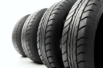 Car tires in row isolated on white background. Generative AI