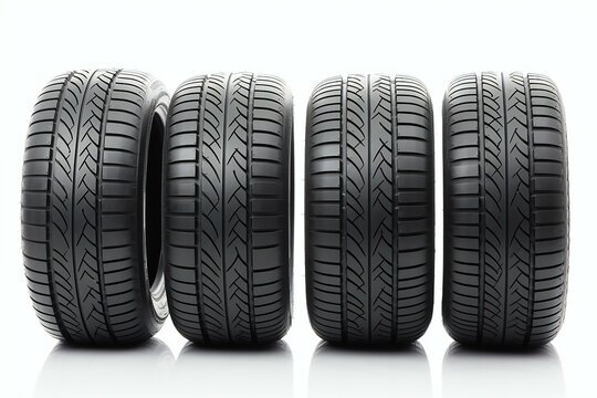 Car tires in row isolated on white background. Generative AI