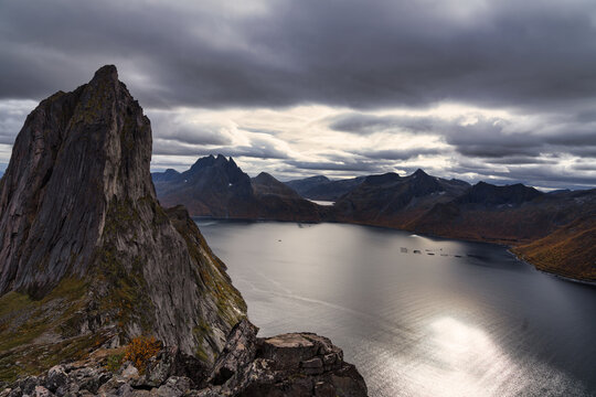Segla  mountain towering over the Mefjorden fjord in northern Norway, Troms og Finnmark, Norway