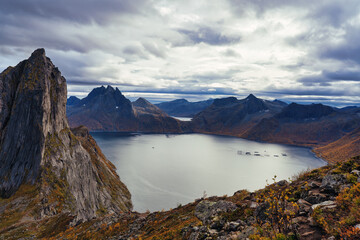 View from Hesten mountain over the beautiful Mefjorden towards Svartholvatnet lake in Troms og Finnmark, Norway