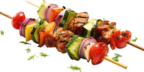 kebab skewers with vegetables isolated on a transparent background, generative ai