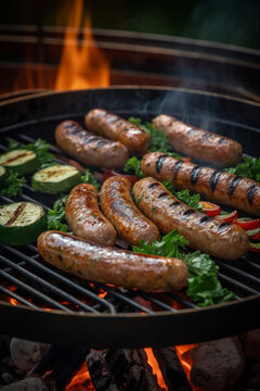 Sausage grilled on charcoal grill. Close up view on bbq grid. Generative AI