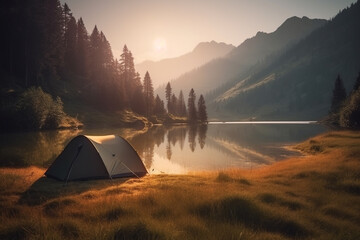 Fototapeta na wymiar Tent in beautiful scenic nature. Adventure and wild camping concept. Generative AI